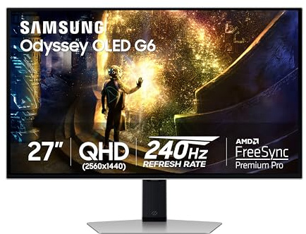 Samsung 27” Odyssey OLED G6 (G61SD) QHD & QD-OLED 240Hz 0.03ms FreeSync Premium Pro Gaming Monitor with Sleek Metal Design, 3 Year Warranty, US, LS27DG610SNXZA