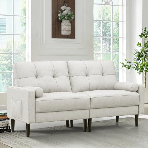Aotumm Ciort Sofa 2 Sitzer, Modernes Sofa mit Dicken Polstern, 2 Kissen, Bequemes Leinensofa mit 2 Staufächern für Wohnzimmer/Schlafzimmer/Büro, Leicht zusammenzubauendes Sofa Klein (Beige)