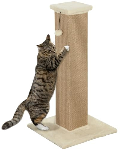 PawHut Cat Scratching Post for Indoor Kittens, 81cm Cat Scratcher, Beige | 14.5 cm Thickened Cat Scratching Post, Vertical Full Scratcher with Natural Sisal Rope, Hanging Ball, Soft Plush