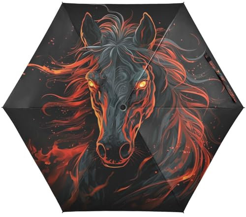 KAAVIYO Feuer Cooles Tier Pferd Regenschirm UV-Schutz Taschenschirm Umbrella Klein Leicht Schirm Kompakt Schirme für Mädchen Reise Strand Frauen
