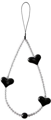 AOKSUNOVA Handykette Kurz Handyanhänger Perlen Schwarz mit Herz | Dekoratives Handy Accessoire für Alltag und Freizeit, Verleiht dem Smartphone einen Individuellen Stil