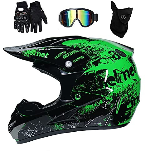 Youth Kids MTB Motocross Helmet, Dual Sport Full-Face Off Road Motorbike ATV Scooter Crash Helmets, Downhill Quad Dirt Bike Enduro Racing Helmet, with Goggles Gloves Mask(Black,M/54-55CM)
