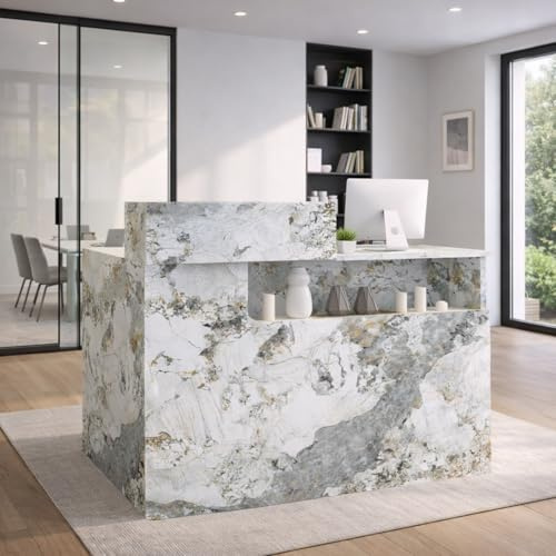 Heliosrider Comptoir de réception – Comptoir avec tiroir A, étagères ouvertes, bois aggloméré E1, pour salon de coiffure, studio de beauté, magasin, supermarché, caisse (120x50x110cm)