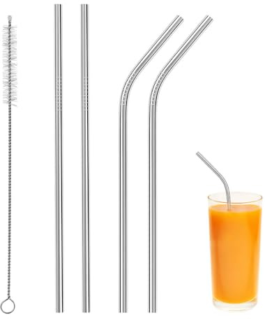 ASISUN Paille Inox Reutilisable 4 Pcs (2 Droites + 2 Courbées), 22 cm à Boire avec 1 Brosses, pour Cocktail, Lait, Smoothie, Café Glacé