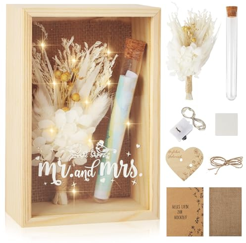 Hochzeitsgeschenke für Brautpaare,Geldgeschenk Hochzeit,Mr und Mrs Geschenkbox inklusive Getrocknete Blumen,Holzbox,Kunststoff Reagenzglas,Lichterketten,Grußkarte,0.5m Seil,Hochzeitstag