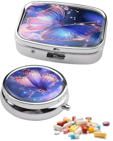 MYGLOAR 2 Stück Pillendose, Elegante Kleine Pillendose mit Spiegel, Tragbarer Reisepillenbehälter, Taschendekoratives Metall, Geeignet für Medikamente, Vitamine, Fischöl (Violett)