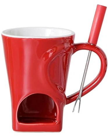FytStycale Fondue Chocolat Bougie, Mug à Fondue au Chocolat en Céramique, Pot de Fonte pour Réchauffer Chocolats, Beurre et Fromage, Idéal Maison et Fêtes, 2025 Nouveau, Rouge avec Fourchette
