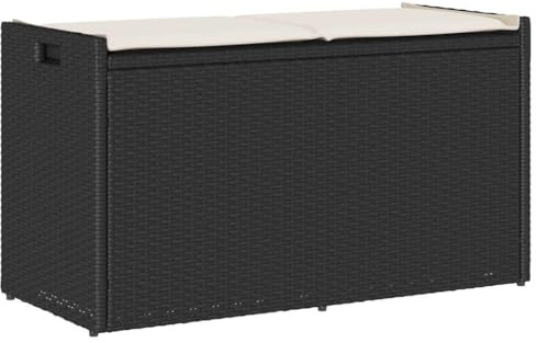 Foknhdi Outdoor-Sitzbank mit Stauraum und Kissen 100 cm, Rattan Gartenbank Truhenbank mit Gasdruckfeder, Auflagenbox Sitzbank für Garten, Balkon und Terrasse, Schwarz