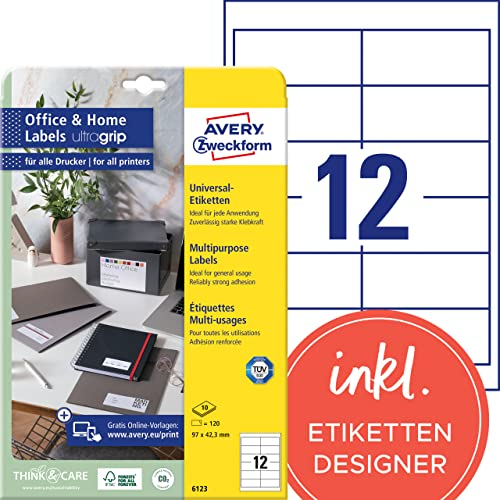 AVERY Zweckform 6123 Adressaufkleber (120 Klebeetiketten, 97x42,3 mm auf A4, bedruckbare Absenderetiketten, selbstklebende Adressetiketten mit ultragrip, ideal fürs HomeOffice) 10 Blatt, weiß