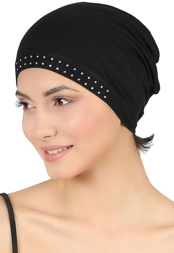 Deresina Headwear Jewelled Bamboo Chemo Caps for Women, Skull Cap for Hair Loss, Sleep Caps, Helmet Liner, Cycling Cap, Running Hat, Hijab Undercap, Turban for Ladies (Colour - Black)