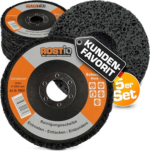 ROSTIO CSD-Scheibe 115 mm Schwarz – 5 Stück – Reinigungsscheibe für Winkelschleifer – flexibles Schleifvlies aus Nylonfaser mit Siliziumkarbid – entfernt Rost, Lack & Zunder – mittelhart & formstabil