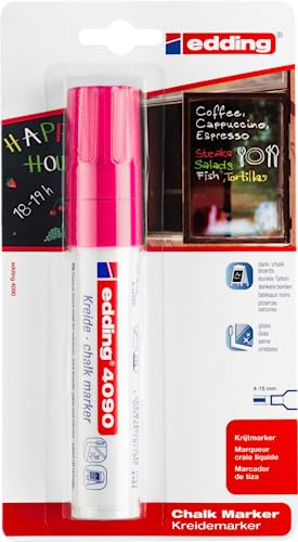 edding 4090 Kreidemarker - neon-pink - 1 Kreidestift - Keilspitze 4-15 mm - breiter Kreidestift für Tafel abwischbar - zum Beschriften von Fenster, Glas, Spiegel - Tafelstift mit deckenden Farben