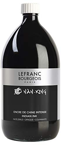 Lefranc Bourgeois 059077 Nan King Kalligrafie - und Zeichentusche, pigmentierte Tusche, hohe Farbbrillanz, Leuchtkraft für feinste Zeichnungen, Kalligrafie & Skizzen, 1000ml Flasche - Schwarz