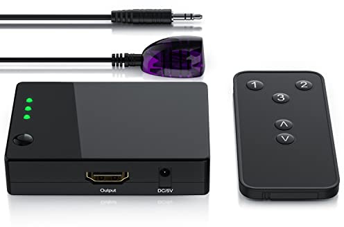 Full HD HDMI Switch Verteiler 3 in 1 Out, Automatische Umschaltung 3 Port TrueHD, DTS-HD, LPCM 7.1, 5.1, DSD, Dolby-AC3 - mit Verstärker - 3D Ready bis 1080p - inkl Fernbedienung