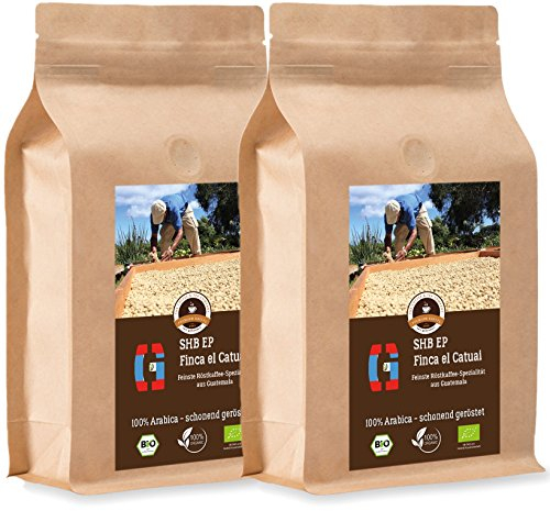Kaffee Globetrotter - Bio Guatemala SHB EP Finca El Catuai - 2 x 1000 g Ganze Bohne - für Kaffee-Vollautomat, Kaffeemühle - Röstkaffee aus biologischem Anbau | Nachfüllpack Sparpack