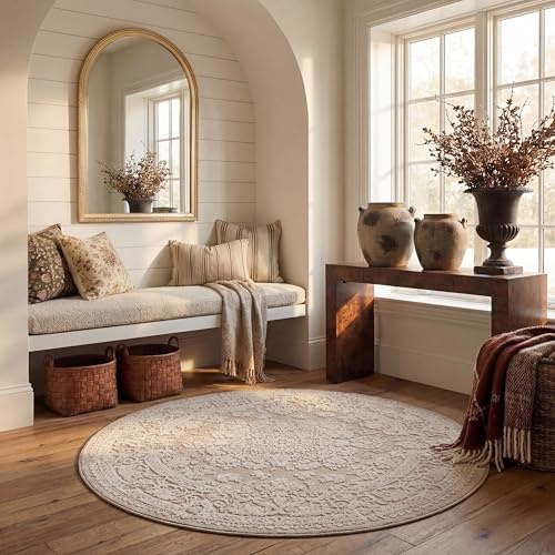 SAFAVIEH Zeitgenössische Teppich für Wohnzimmer, Esszimmer, Schlafzimmer - Reflection Collection, Kurzer Flor, Beige und Creme, 160 x 160 cm