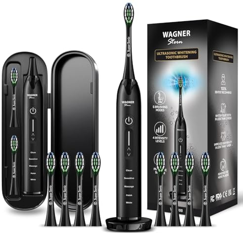 Spazzolino sbiancante ad ultrasuoni Wagner & Stern con sensore di pressione, 5 modalità di spazzolatura, 4 livelli di intensità. 8 testine morbide, custodia da viaggio premium.