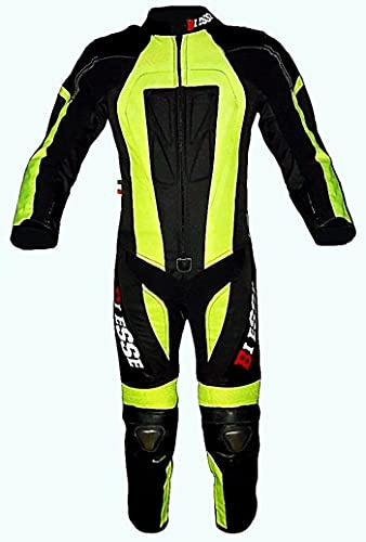 BI ESSE - Professionell minimotorcykeldräkt för barn i läder och Cordura, med CE-skydd (svart/neongul, XS (7 år)