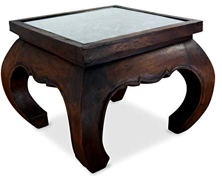 livasia Opiumtisch, Kaffeetisch, Couchtisch, Massivholztisch mit Schnitzerei u. Glasplatte (Dunkelbraun)