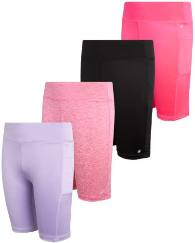 dELiA*s Girls Bike Shorts - 4 Pack Athletic Compression High Waisted Biker Shorts for Girls for Dance Yoga Gymnastics (7-16), Size 14-16, Purple/Space-dye/Fuchsia