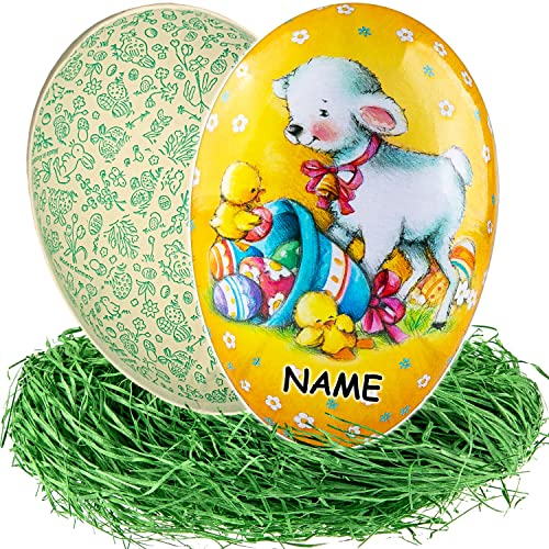 alles-meine.de GmbH 10 Stück Ostereier/Eier zum befüllen + Ostergras Anzahl frei wählbar Osterlamm & Küken - 15 cm - inkl. Name - Füll - Pappei - Deko Pappe Papp Pappeier..