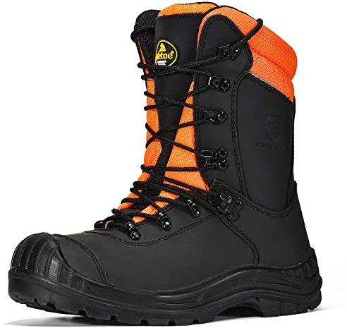 SAFETOE Sicherheits-Kettensäge Schnittschutzstiefel Klasse 1 mit echter Kuh Heavy Duty Stahlzehe Leder Memory Foam Einlegesohlen Holzschnitt Baustellenarbeiten