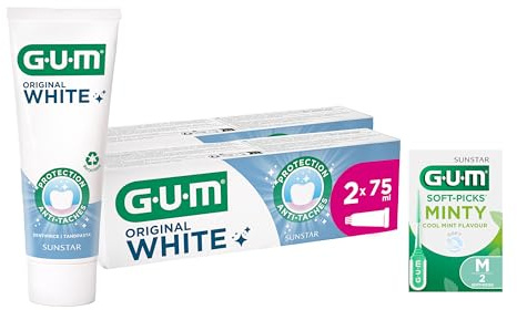 GUM Original White Zahnpasta | stellt das ursprüngliche Zahnweiß wieder her | Fluorid & Isomalt schützen den Zahnschmelz | 24-Stunden Schutz vor Verfärbungen | 2x75 ml (mit 1 Bonusprobe)