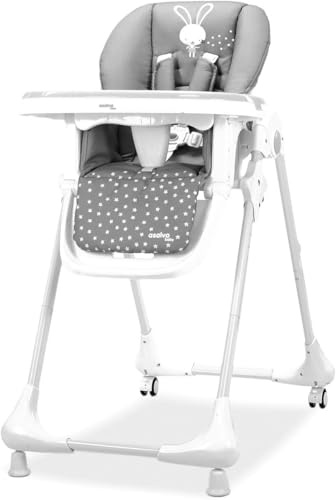 Trona CHEF con Ruedas para Bebé – Altura y Respaldo Reclinables, Bandeja Doble Extraíble, Arnés 5 Puntos, Plegado Compacto, Textil Lavable – Conejito Gris Asalvo
