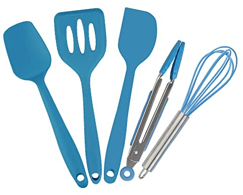 Collfa Mini Kitchen Utensil Set - Five-Piece Set, Tiny Silicone Kids Kitchen Tools - Whisk, Tongs, Spoon, Slotted Spatula - Blue