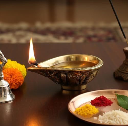 eSplanade Diya Deepam Öllampe Kuthu Vilakku aus Messing, Heimdekoration, goldfarben, 11,4 cm Länge
