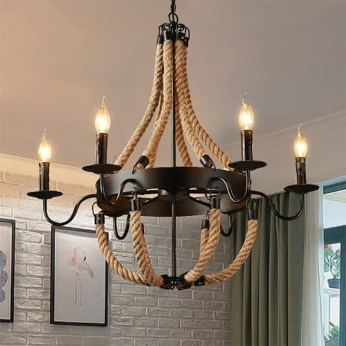 CNMKLM Vintage Industrie Hanf Seil Kronleuchter Vintage kreative Stil Licht E14 Restaurant Beleuchtung schmiedeeisernen Kronleuchter Wohnzimmer Dachboden Schlafzimmer Café é (Größe : 6 Heads)