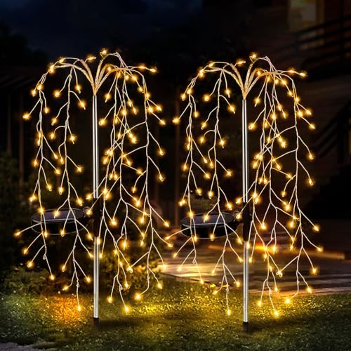 JIMACRO Solcell markbelysning utomhus, 2 st 240 LED sol pilträd utomhuslampor, 8 lägen vattentät koppartråd älva Starburst sol trädgård dekor lampor för gångväg gård trädgård gångväg gräsmatta