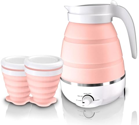 Bollitore Pieghevole in Silicone, 600ML Bollitore Elettrico da Viaggio, 110V Mini Bollitore Elettrico Portatile con 2 Tazze, Facile da Riporre, per Campeggio, Viaggi, Attività All'aperto (Rosa)