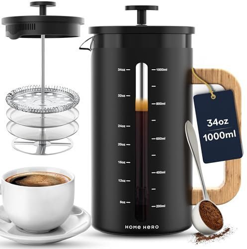 Home Hero Cafetera de prensa francesa, prensa de café de 34 onzas con mango de madera de bambú, prensas francesas de vidrio de borosilicato grueso resistente al calor, filtro de 4 capas (Black)