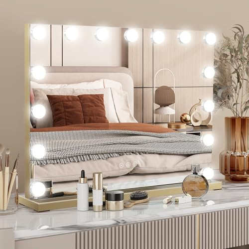 YU YUSING Hollywood Schminkspiegel mit Beleuchtung 58X45cm, 15 LED Dimmbar | Kosmetikspiegel 3 Lichtmodi, Vanity Spiegel Tischspiegel Wandspiegel, 10X Vergrößerung für Schlafzimmer Schminktisch, Gold