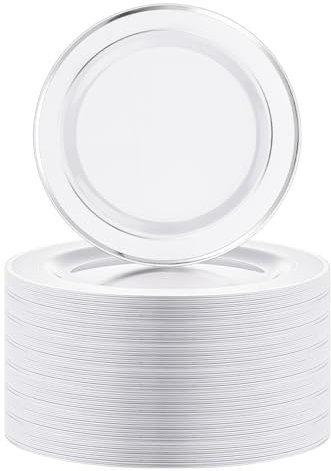 SENENQU 40 Pack Reusable Plastic Plates, 26cm / 10 inch Plastic Party Plates with Silver Rim, Unbreakable Plastic Dinner Plates for Weeding Birthday Party Catering