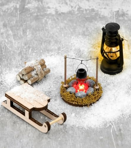 Wichtel Zubehör Weihnachten,1:12 Miniatur Puppenhaus Zubehör,1/12Miniatur Wichtel Lagerfeuer Mit LED Feuerstelle und LED Öllampe,DIY Miniatur Puppenhaus Miniatur Wichtel Zubehör Weihnachten (Style 2)