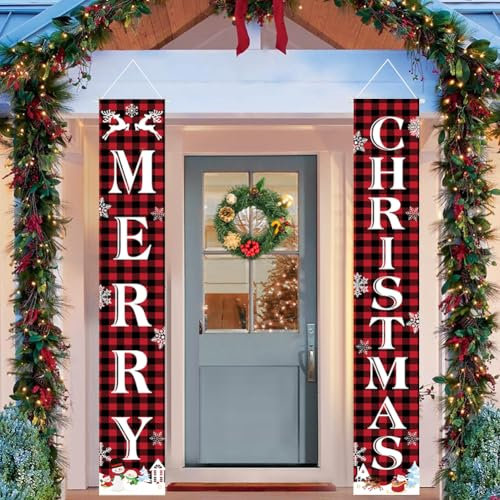 Frohe Weihnachten Türbanner Weihnachten Banner Haustür Weihnachtsdekorationen Neujahr Outdoor Indoor Weihnachtsdekorationen Frohe Weihnachten Schild für Xmas Türdekoration (Rot Schwarz)