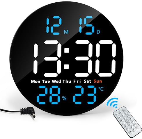Lafocuse 25CM Wanduhr Digital LED Groß Rund, Elektronischer Wandkalender ohne Tickgeräusch mit Fernbedienung, Temperatur, Datum, Countdown, 2 Alarme für Dekor Wohnzimmer Büro Fitnessstudio, Blau