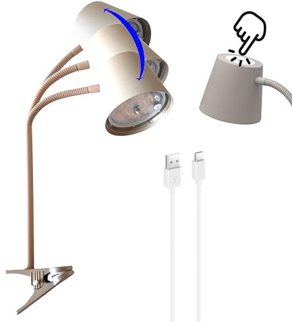 Trango LED Cliplampe 2017-22B Beige – Kabellos, Akku, 6W, 2700K Warmweiß, Touch Dimmbar, IP44 Wassergeschützt, Aufladbar, Klemmleuchte für Schlafzimmer, Lesen, Camping, Garten, Tischlampe