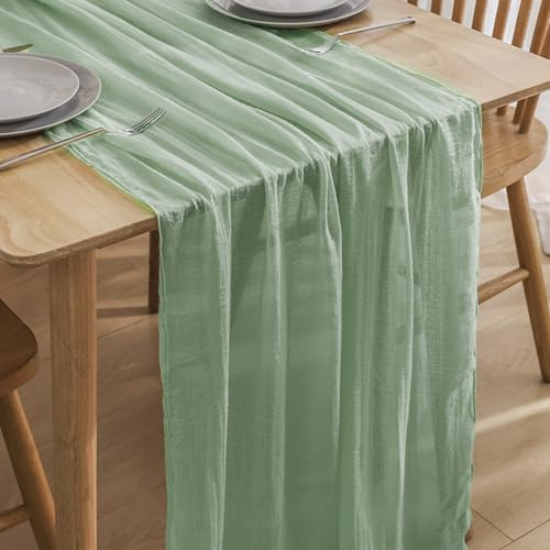 Käsetuch Tischläufer Boho Musselin Seihtuch 90 x 300 cm für Hochzeit Party Wiederverwendbar Lange Tischabdeckung für Baby Brautdusche Deko Transluzentes Gaze Mittelstück (Salbeigrün, 1pc)