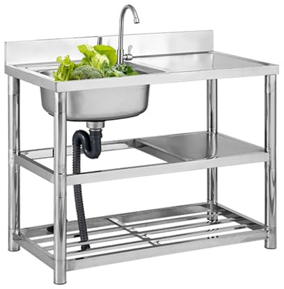 Edelstahl Multifunktionswaschtisch mit Unterschrank, 80x 50 x 80 cm, Gewerbespüle mit Warm- und Kaltwasserleitung, Wasserhahn und Ablaufgarnitur, für Außen, Innen, Küche, Esszimmer
