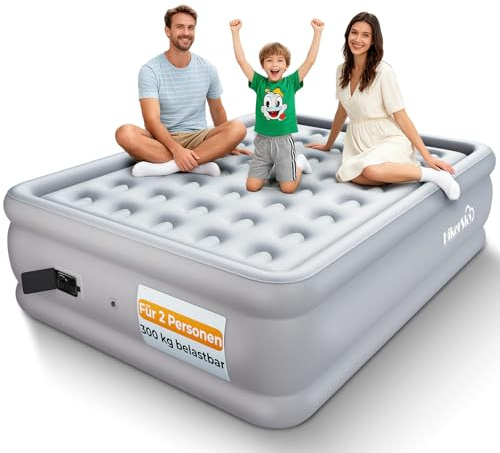 HikerSKY Selbstaufblasendes Luftbett für 2 Personen mit kabelloser Batteriepumpe und Stoffoberfläche (Grau, 202x153x54cm)