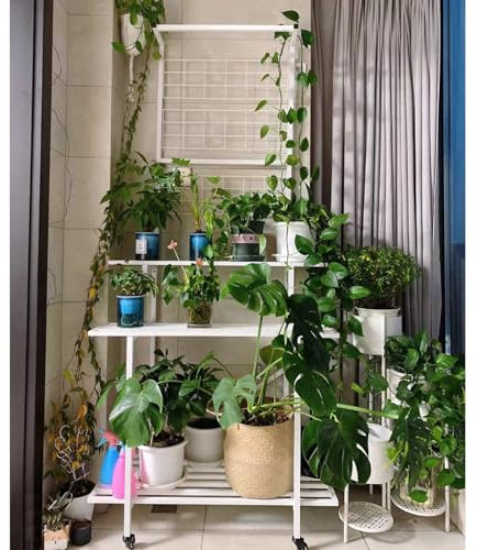Junvstor Support pour Plantes d'intérieur Haut à 2 ou 3 Niveaux, étagère d'angle en métal, Support pour Plantes d'angle, Support pour Fleurs, pour Salon, terrasse (Blanc)(Type D 90x44.4x102.5cm)