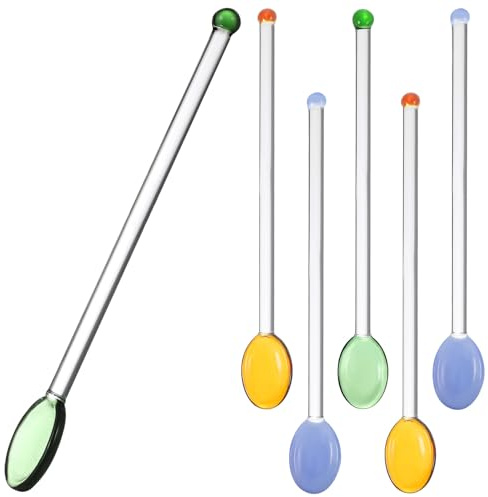 INOOMP 6 Bâtonnets à Cocktail en Verre Élégants et Colorés, Cuillères Longues pour Mélanger Boissons, Café et Jus, pour Restaurants et Dortoirs Couleur Aléatoire