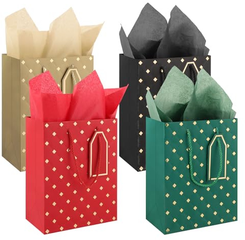 4 Gift Bags (9 x 7x 4 inch), Xmas Gift Bags for Presents with Tissue Paper | Set of 4 Xmas Gift Bags with 4 Tissue Sheets, Reinforced Base, Reusable, Ideal for Birthdays, Weddings, Baby Showers, Party