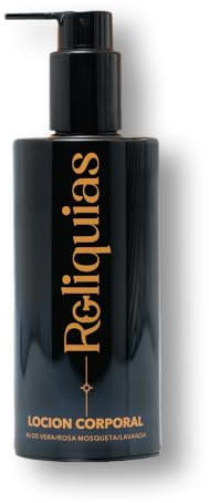 Reliquias Loción Corporal Natural Hidratante con Aloe Vera, Rosa Mosqueta Lavanda | Regeneradora, Piel Sensible, Seca, con Estrías y After Sun | Envase Cristal Biofotónico 200ml