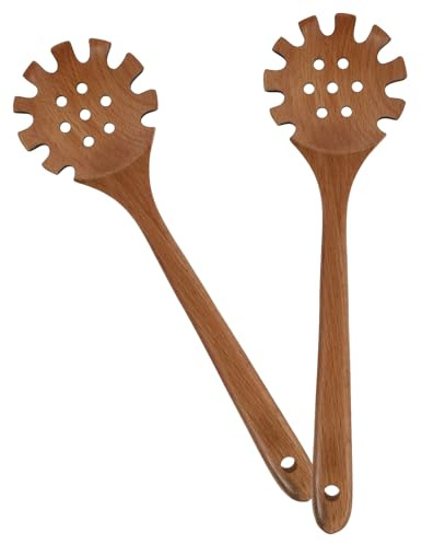 BESPORTBLE 2 Pezzi Cucchiaio per Pasta in Legno con Denti Manico Lungo Mestolo Scolapasta per Spaghetti Cucchiaio Servispaghetti Resistentl Acqua Calore Utensile da Cucina per Casa e