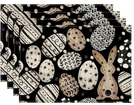 Artoid Mode Schwarz Hasen Ostereierr Ostern 4er Set Platzsets, Saisonaler Frühling Küche Tisch Dekoration Drinnen Urlaub Party Dekor 30x45cm
