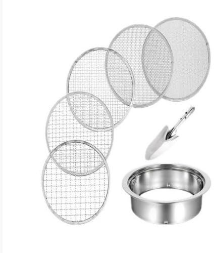 Gettimore Set di setacci per terreno in acciaio inossidabile con 5 maglie intercambiabili (3 mm, 6 mm, 9 mm, 12 mm) per giardinaggio, setacciatura terreno, sabbia e rocce, 30 x 30 x 7 cm